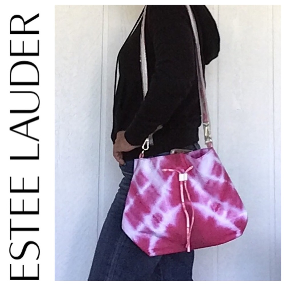 ESTEE LAUDER PINK WHITE DRAWSTRING BUCKET BAG NWOT
